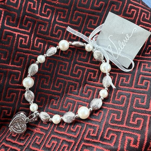 Valerie Parr Hill Jewelry - Valerie Parr Hill Faux Pearl Silver Tone Bead Prayer Box Charm Stretch Bracelet